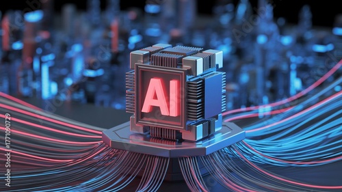 Glowing AI chip powering futuristic digital network with data streams