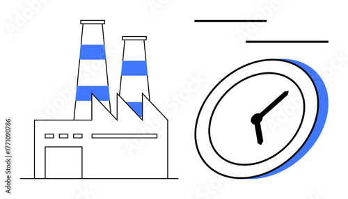 Factory building with chimneys next to a large clock emphasizing efficiency, production speed, and workflow optimization. Ideal for industry, time management, productivity, efficiency, deadlines