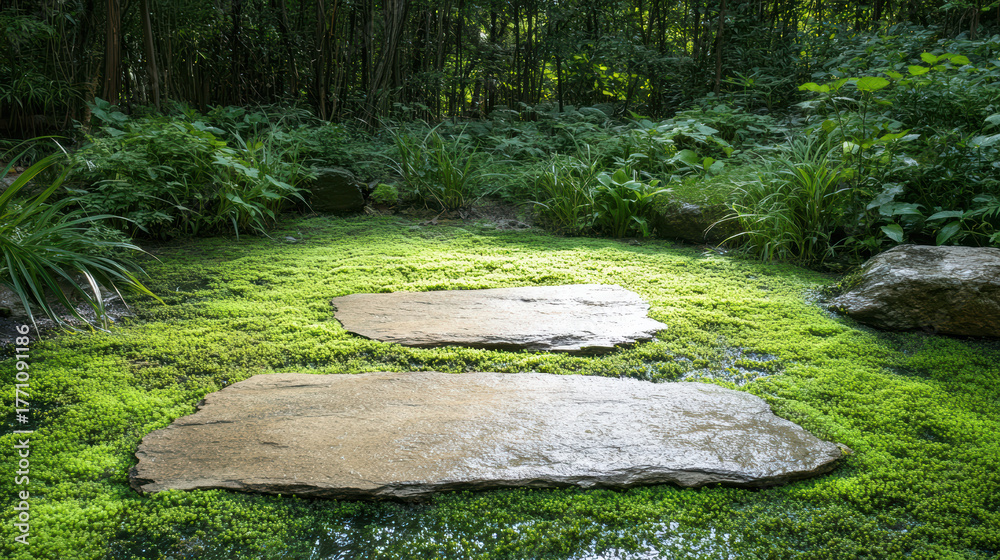 Fototapeta premium Lush green moss covers stones in serene garden, creating peaceful pathway