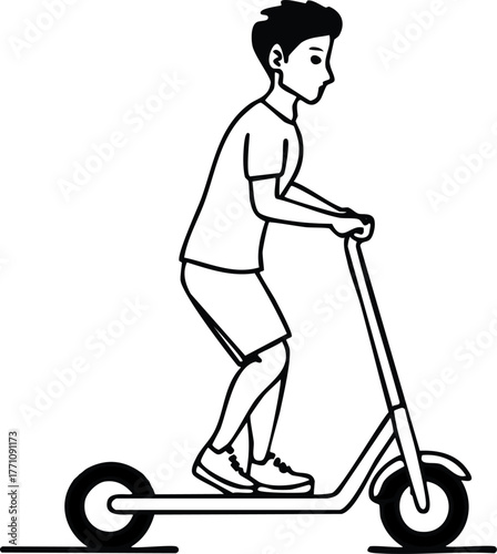 Modern line art illustration of a person riding an electric scooter, depicting urban mobility, active lifestyle, and sustainable city commuting