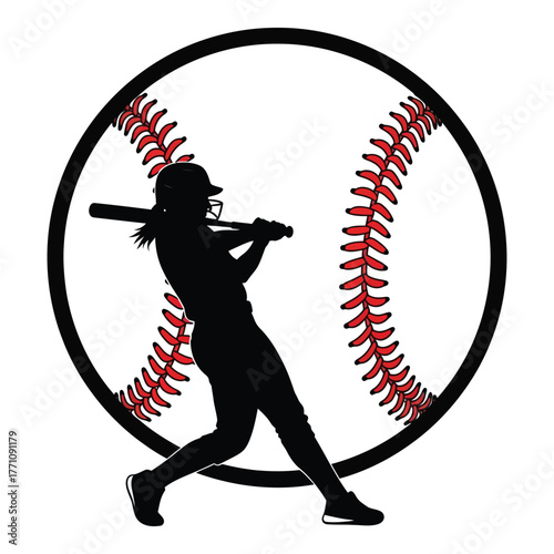 Silhouette of softball player swinging bat inside baseball logo