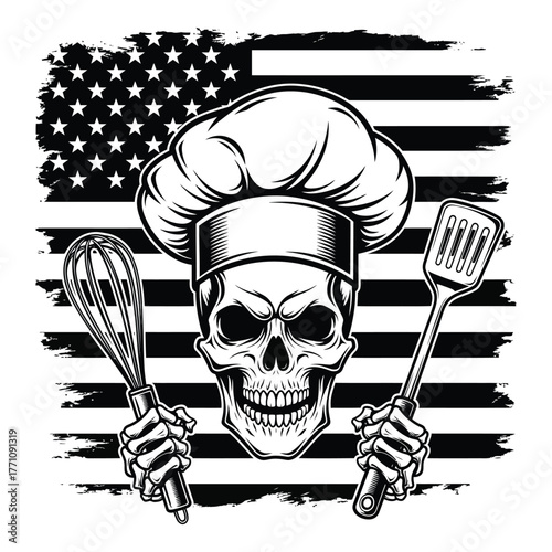 Skull chef holding kitchen utensils with american flag background