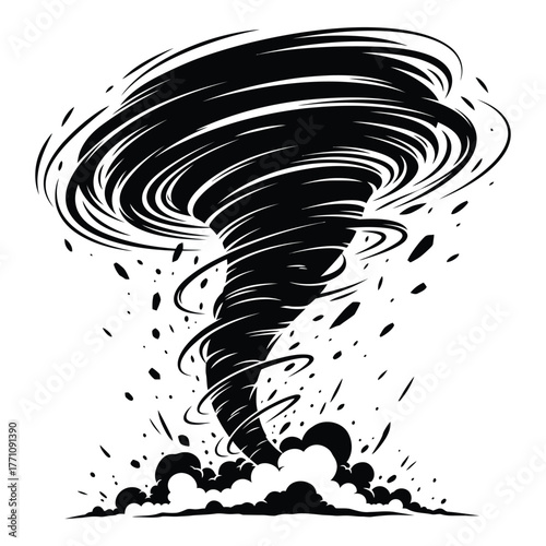 Illustration of a powerful tornado with swirling winds and dark clouds