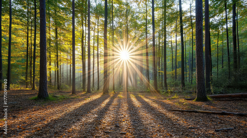 Fototapeta premium Golden sunlight filters through trees, creating serene atmosphere in tranquil forest