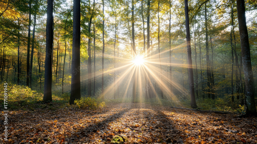 Obraz premium Golden sunlight filters through trees in serene forest, creating calm atmosphere