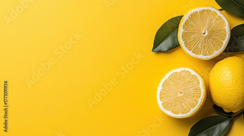 Fresh lemon halves and whole lemon with green leaves on vibrant yellow background