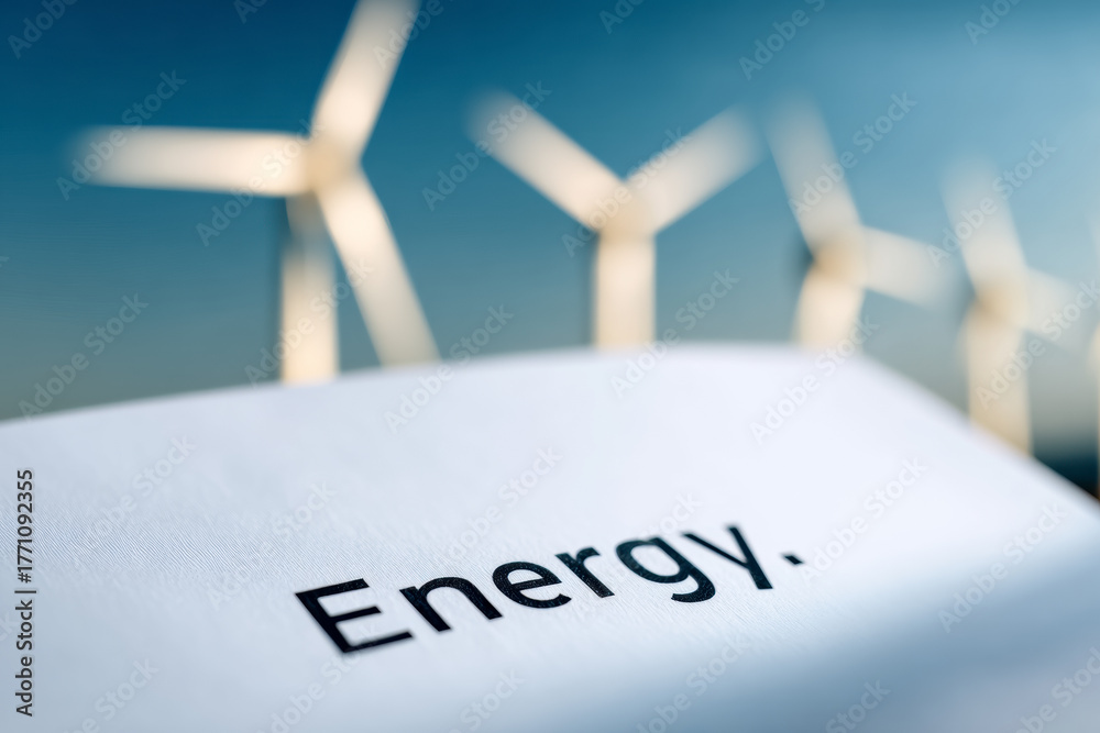 Fototapeta premium The word 'Energy' on a document with wind turbines, symbolizing renewable power, sustainability, and green investment.
