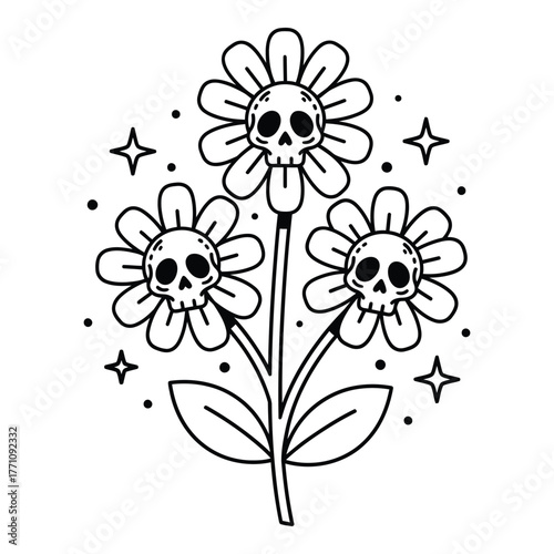 Cute skullfaced daisies in a whimsical black and white illustration