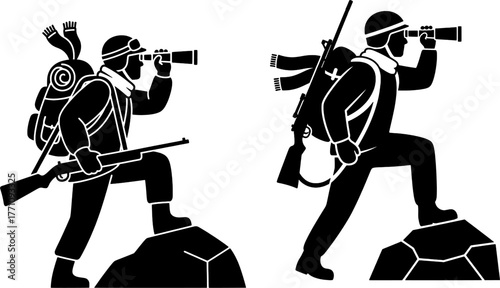 Soldier Scout Explorer Observing with Binoculars on Mountain