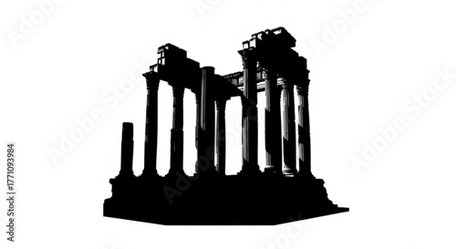 Silhouette of ancient roman temple ruins with columns and architectural details against a white background