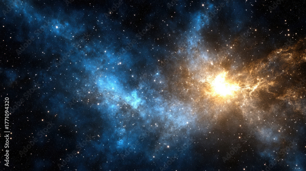 Naklejka premium Bright cosmic explosion in deep space with glowing blue and orange nebula clouds
