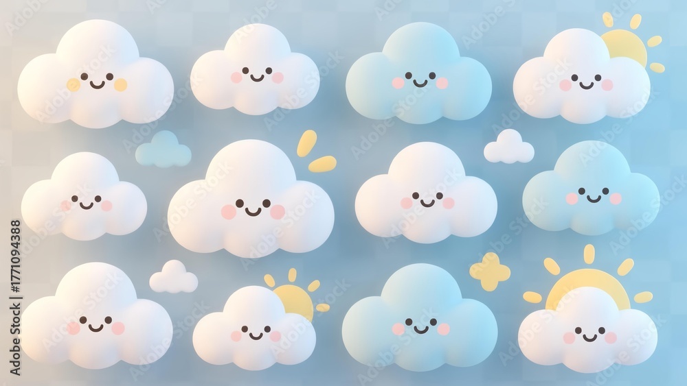 Fototapeta premium Collection of Cute Smiling Clouds and Sun Icons