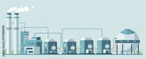 Flat vector illustration of industrial factory with smoke chimneys, gas pipes, and storage tanks concept for energy, industry, and environmental technology design