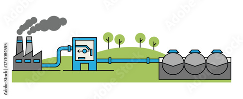 Flat vector illustration of industrial factory with smoke chimney pipeline and gas storage tanks showing energy process and environmental technology concept