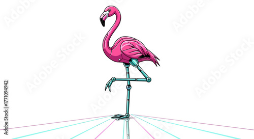 Futuristic robotic flamingo with sleek pink body and metallic teal joints stands elegantly on one leg against a clean white background with neon lines