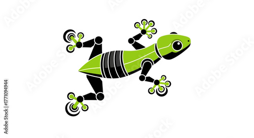 Dynamic robotic gecko with green body and black joints clings to unseen surface in modern illustration style
