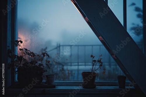 Misty window view at twilight