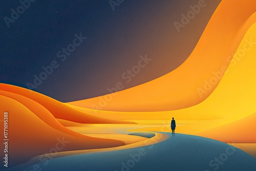Abstract desert scene at night.  Silhouette figure