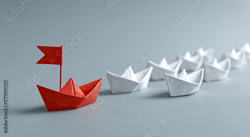 Red origami boat leading a line of white boats (2)