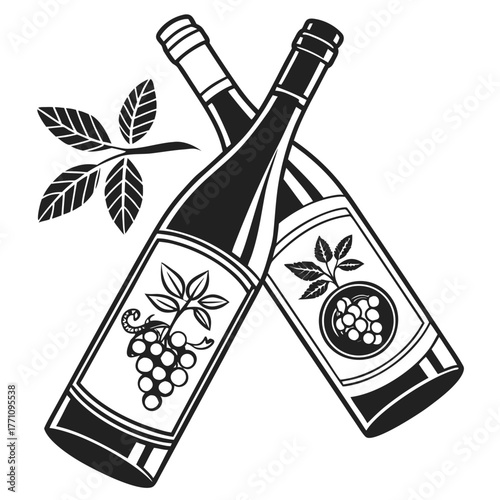 Two Crossed Wine Bottles with Grapevine and Leaf Embellishments grapes leaves
