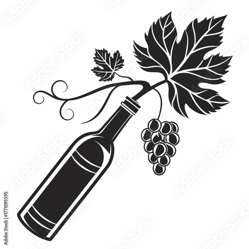 Wine Bottle with Grapes and Vine Leaves Black and White vector illustration