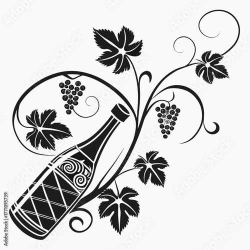 Bottle entwined with grapevines and leaves grapes