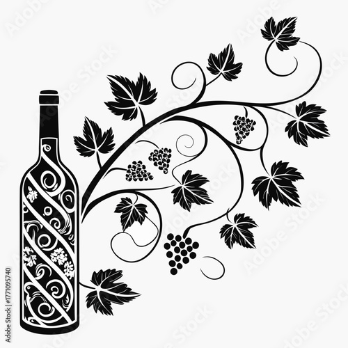 Bottle adorned with decorative grapevine and leaves wine grapes