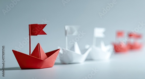 Red origami boat leading a line of white boats (5)