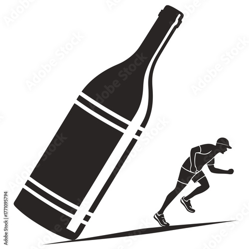 Runner races uphill against a giant bottle silhouette running sport