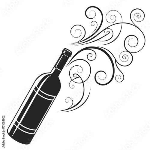 Black Silhouette of a Bottle with Swirling Ornate Design Keywords: bottle, wine, alcohol