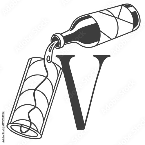 Stylized Bottle Pouring Liquid into a Bottle with Letter V Keywords: bottle, pouring, liquid
