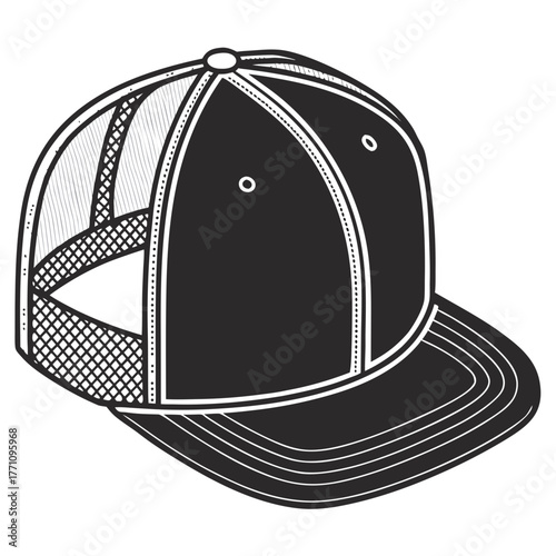 Black Mesh Back Baseball Cap with Flat Brim and Stitching headwear