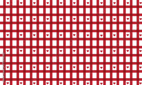 Romantic background showcases a red and white checkered pattern with small heart accents
