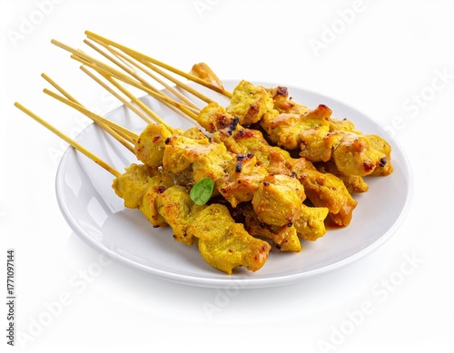 Grilled satay skewers with peanut sauce isolated on white. Indonesian satay skewers served with peanut sauce, great for Asian restaurant menu or culinary design.