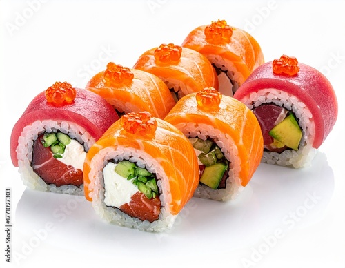 Assorted sushi rolls with salmon and tuna isolated on white background. Fresh sushi roll assortment featuring salmon and tuna, ideal for restaurant menu or Japanese food branding.