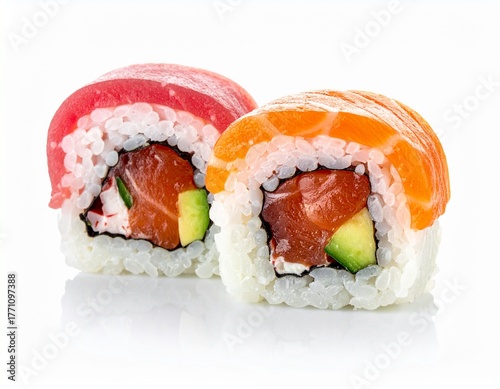 Assorted sushi rolls with salmon and tuna isolated on white background. Fresh sushi roll assortment featuring salmon and tuna, ideal for restaurant menu or Japanese food branding.