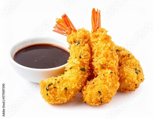 Tempura shrimp with dipping sauce isolated on white background. Crispy Japanese tempura shrimp served with dipping sauce, perfect for Asian menu or food ad designs.