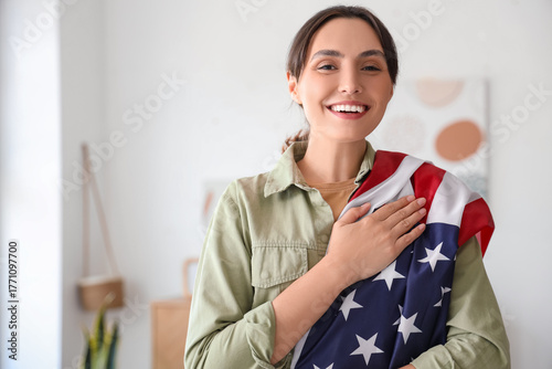Young woman with USA flag a...