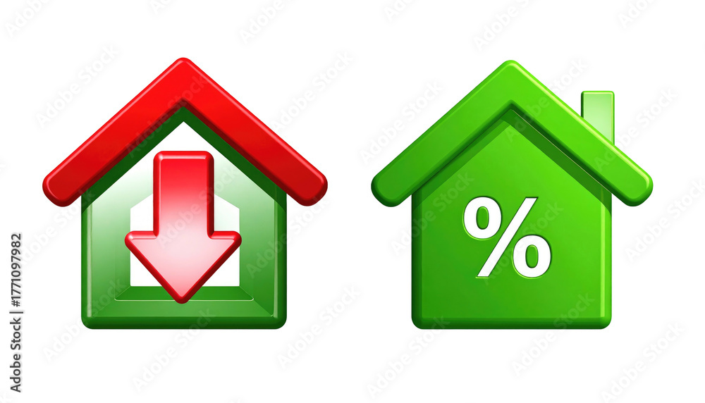 Obraz premium Shiny house icons, one with a downward arrow (red), the other with a percentage sign (green). On a black backdrop