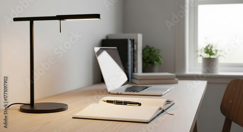 Close-up of a modern desk lamp and notebook, tidy writing space with laptop in the background