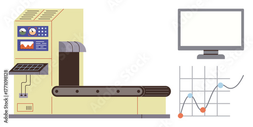 Conveyor belt with control panels, monitor displaying performance charts. Ideal for automation, manufacturing, production, technology, factory workflow, data analysis, simple flat metaphor