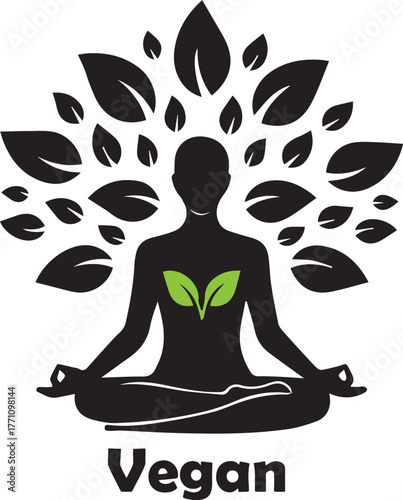 Black silhouette of a person meditating with green leaves on chest and black leaves forming a tree crown above head and the word Vegan below 1