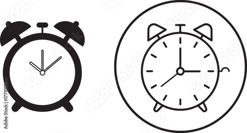 Minimalist Black and White Alarm Clock Icons Vector Illustration Set