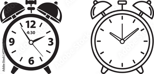 Two Vector Alarm Clocks, Black Silhouette and Outline Icon Design