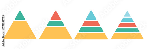 Pyramid infographic set. Colorful vector triangle diagram, triangular pyramid infographics, designed for business presentations, charts, educational materials. pyramid diagrams with ascending levels.