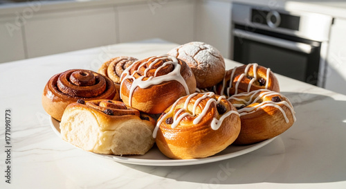 Assorted sweet buns just out of the oven, soft texture and glossy tops, bright white modern kitchen setting