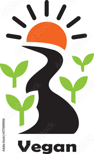 Stylized orange sun rising over black winding path with green sprouts and the word Vegan sunrise road