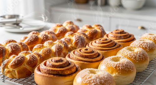 Freshly baked sweet breads arranged on a cooling rack, golden crusts glistening under soft daylight, steam gently rising