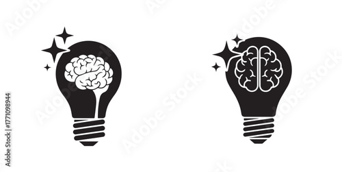 Black and White Lightbulb Brain Icons with Sparkle Effect