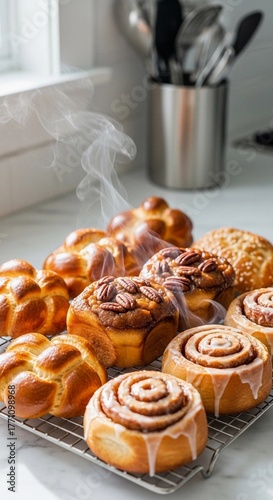 Freshly baked sweet breads arranged on a cooling rack, golden crusts glistening under soft daylight, steam gently rising
